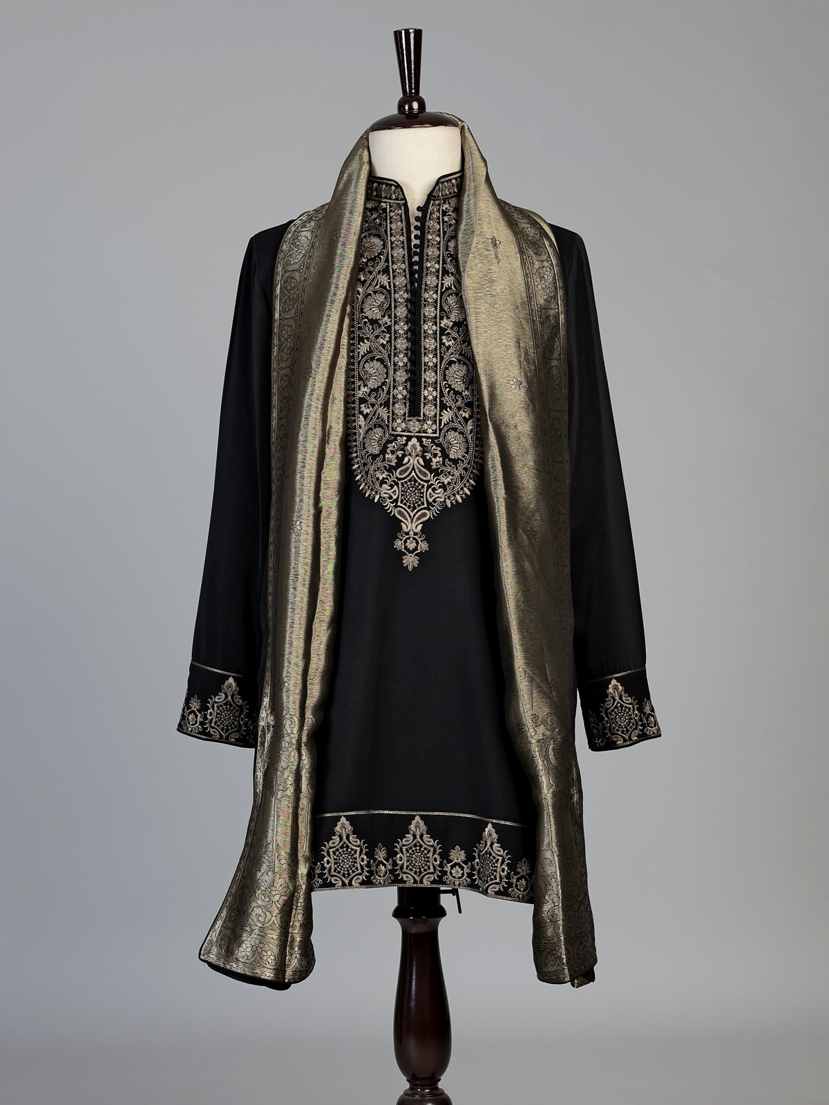 Black silk blend mens kurta suit with refined embroidery