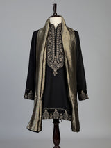 Black silk blend mens kurta suit with refined embroidery
