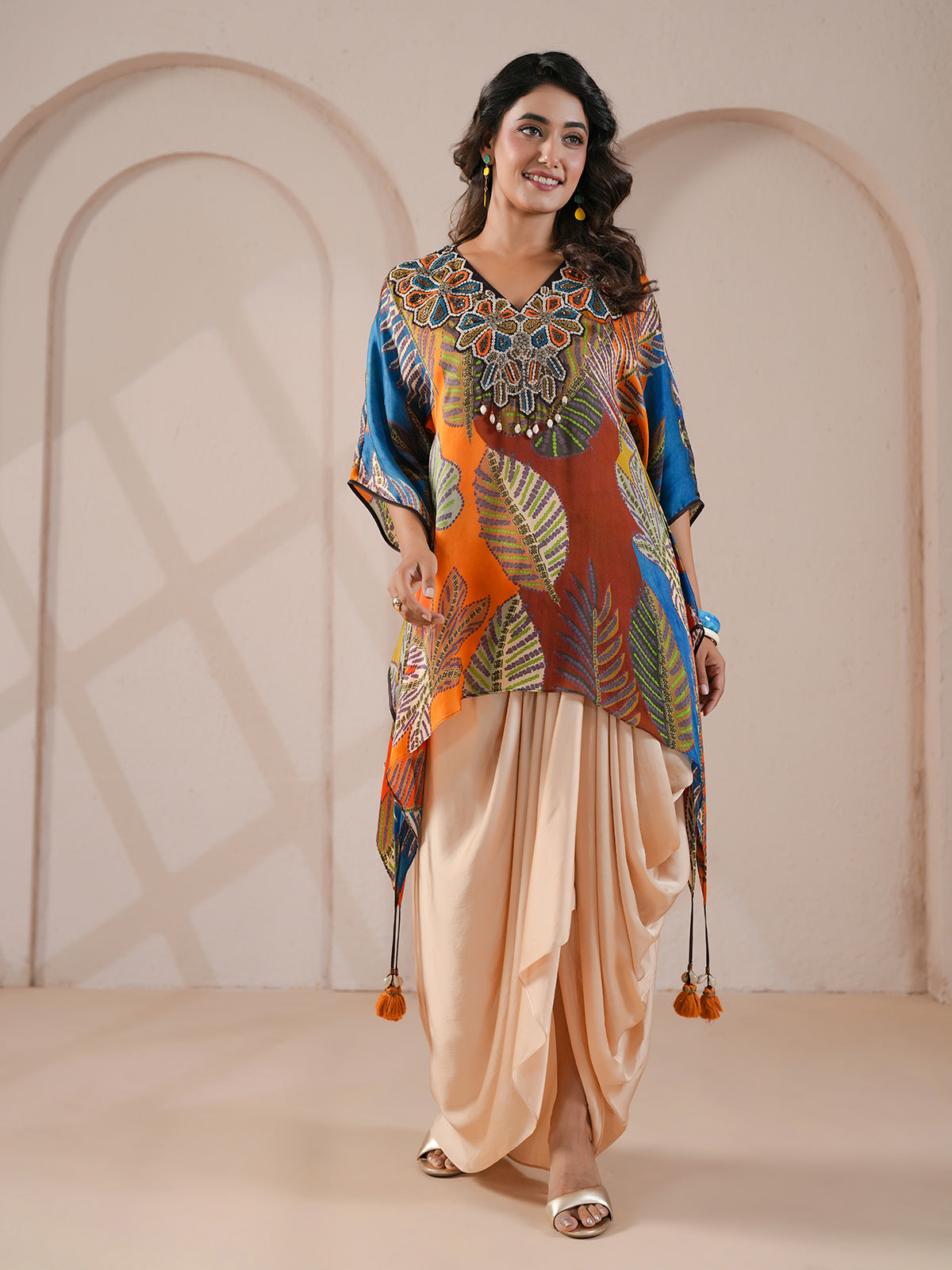 Multicolor embellished hand regline kurta indowestern drape skirt