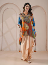 Multicolor embellished hand regline kurta indowestern drape skirt