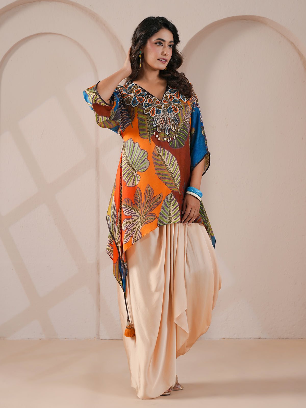 Multicolor embellished hand regline kurta indowestern drape skirt