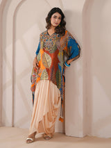 Multicolor embellished hand regline kurta indowestern drape skirt