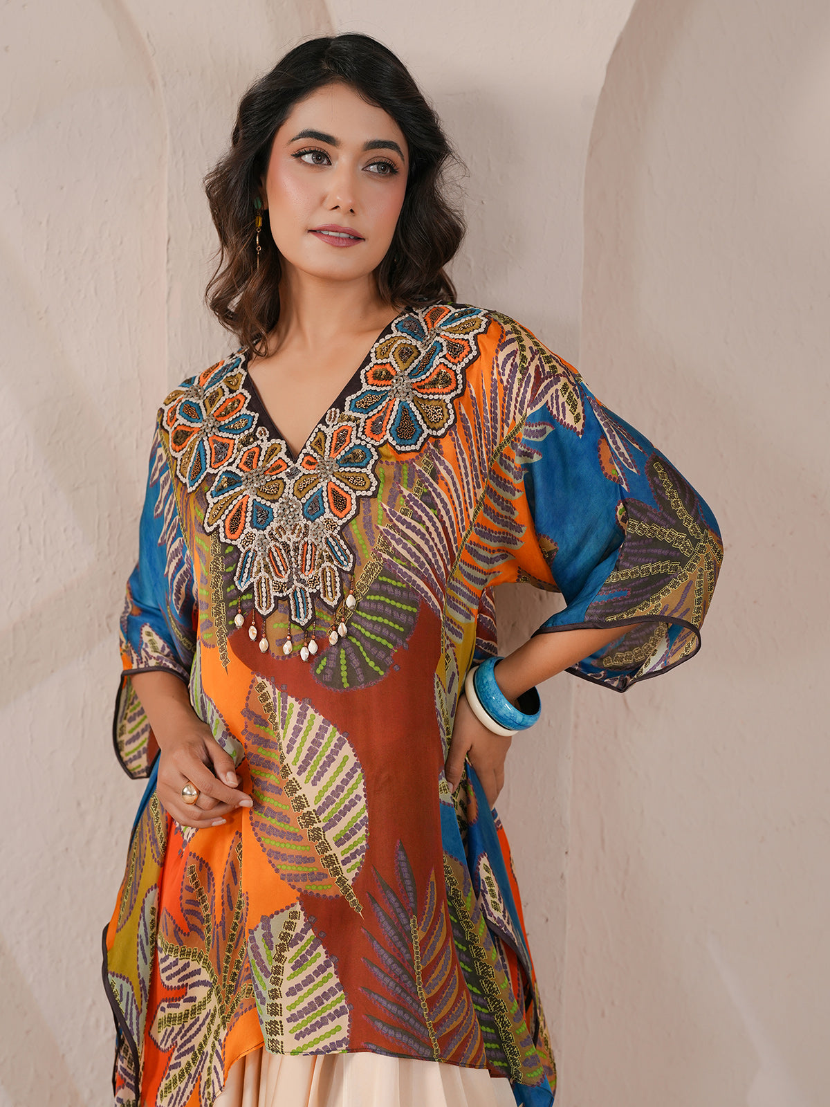 Multicolor embellished hand regline kurta indowestern drape skirt