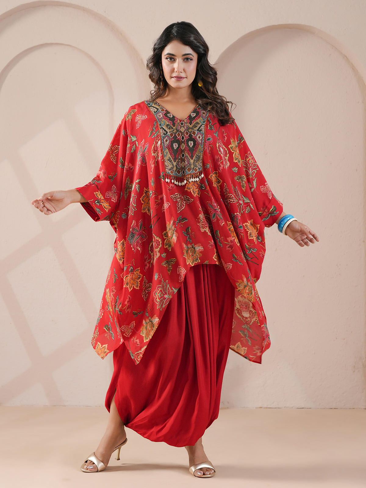 Red floral printed embellished kaftan with indowestern suit
