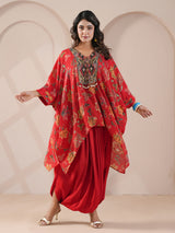 Red floral printed embellished kaftan with indowestern suit