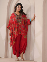 Red floral printed embellished kaftan with indowestern suit