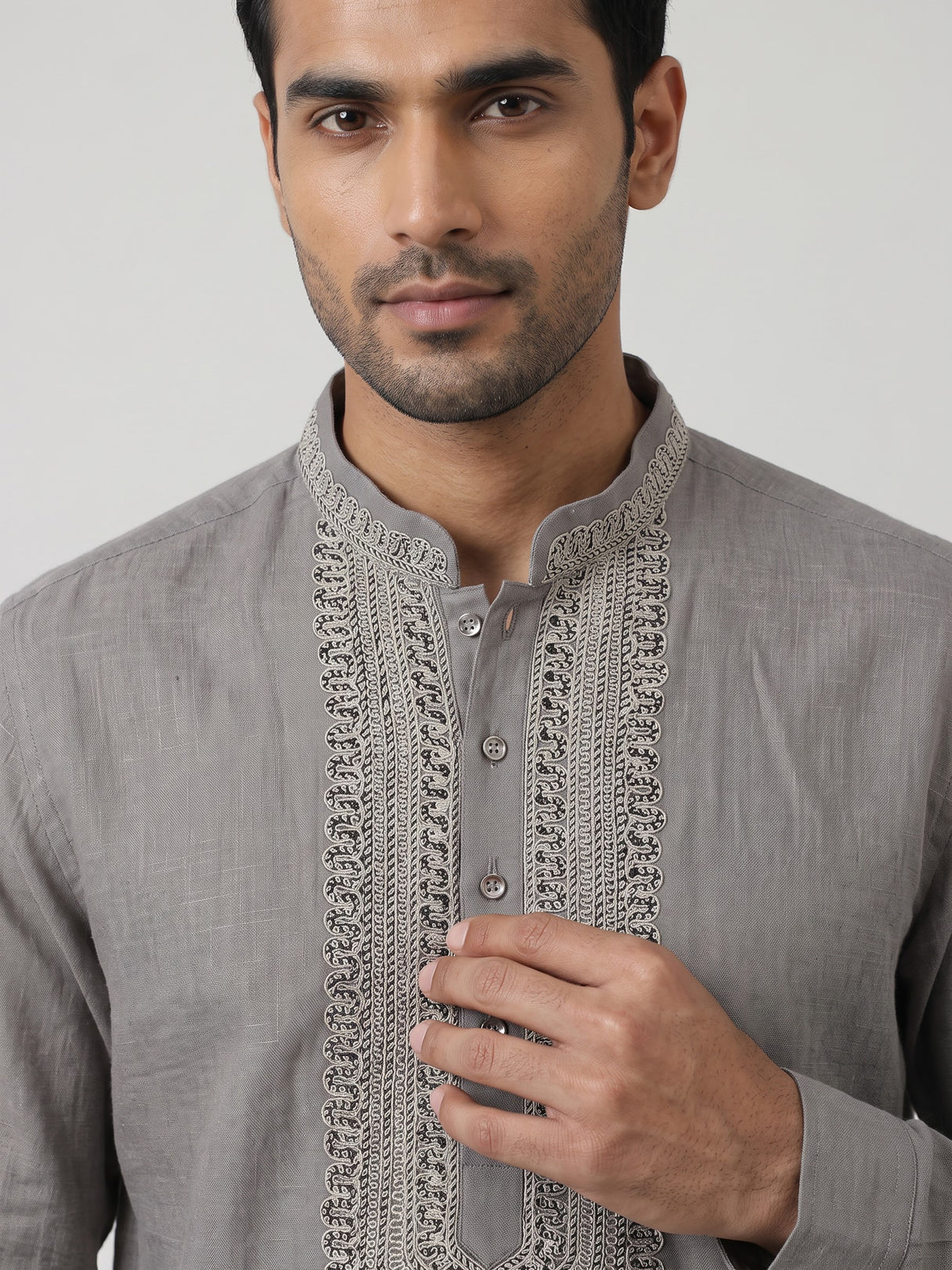 Grey cotton linen mens short kurta with refined threadwork