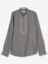 Grey cotton linen mens short kurta with refined threadwork