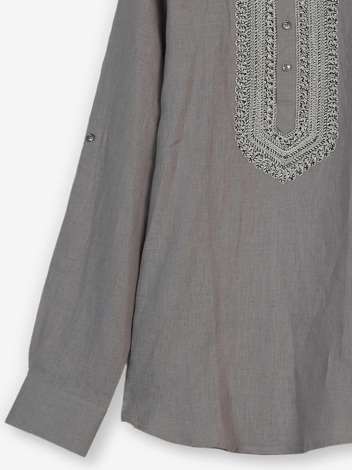 Grey cotton linen mens short kurta with refined threadwork