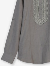 Grey cotton linen mens short kurta with refined threadwork