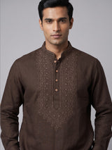 Coffee brown cotton linen mens short kurta with embroidery