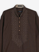 Coffee brown cotton linen mens short kurta with embroidery