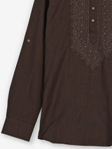 Coffee brown cotton linen mens short kurta with embroidery