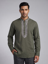 Mehendi green cotton linen mens short kurta with threadwork
