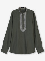 Mehendi green cotton linen mens short kurta with threadwork
