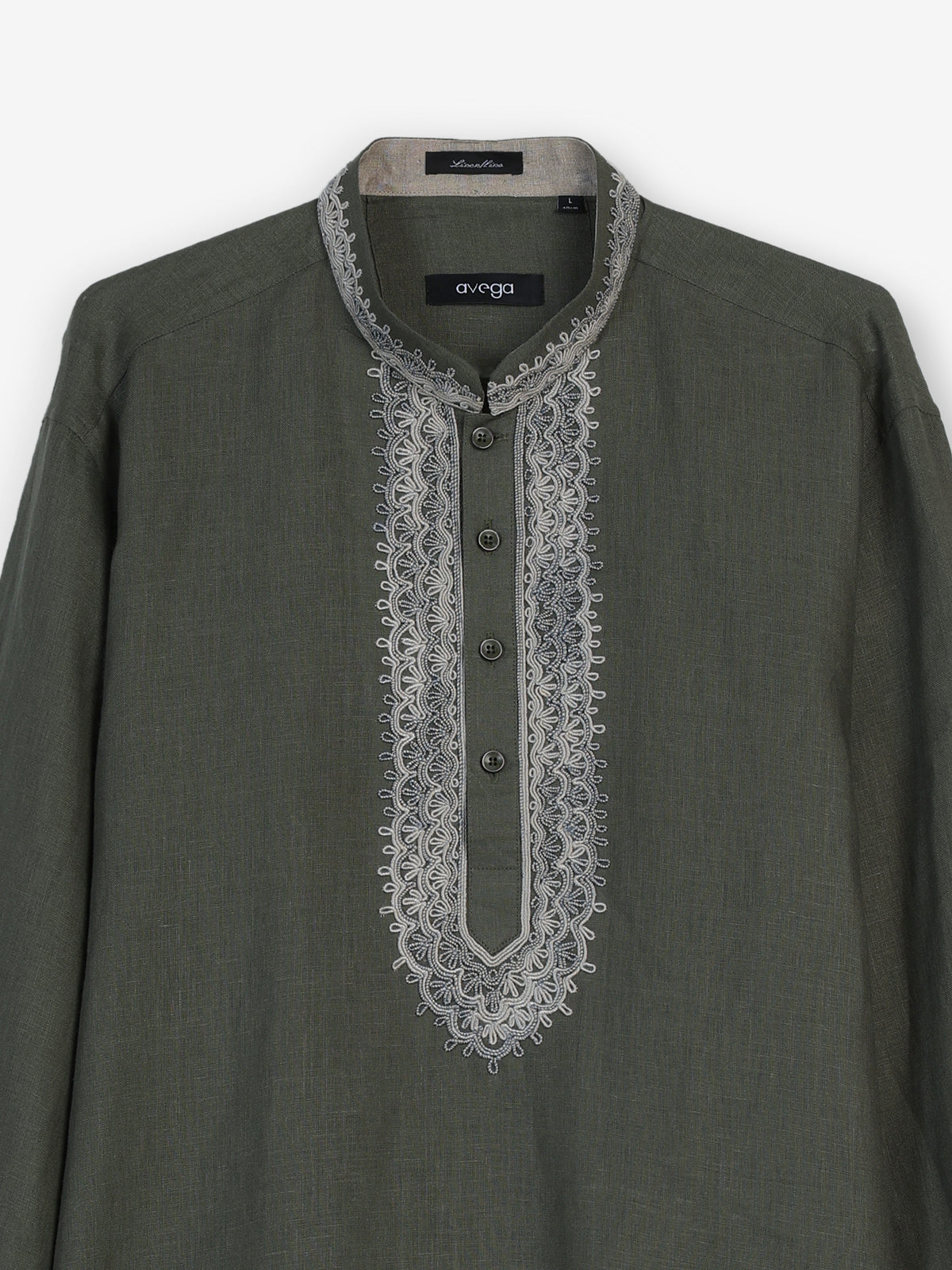 Mehendi green cotton linen mens short kurta with threadwork