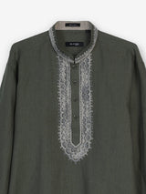 Mehendi green cotton linen mens short kurta with threadwork