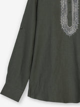 Mehendi green cotton linen mens short kurta with threadwork