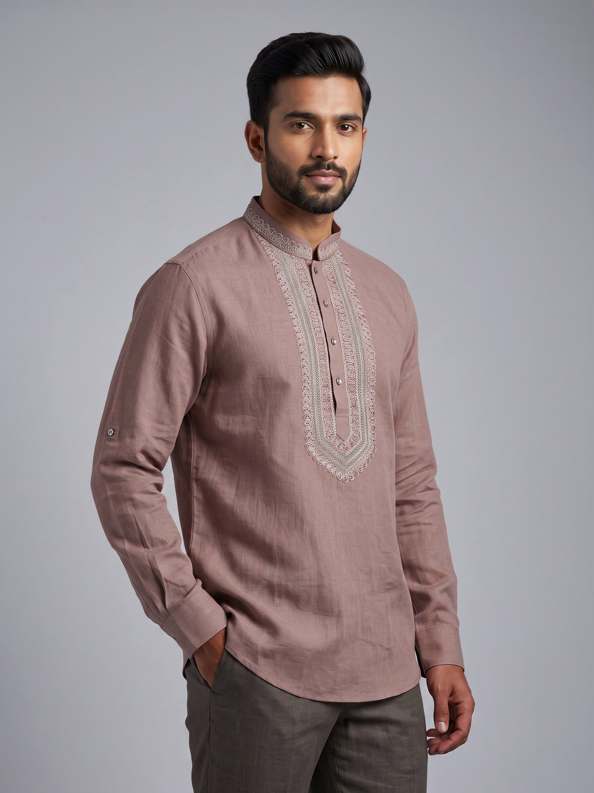 Dusty peach cotton linen mens short kurta with threadwork