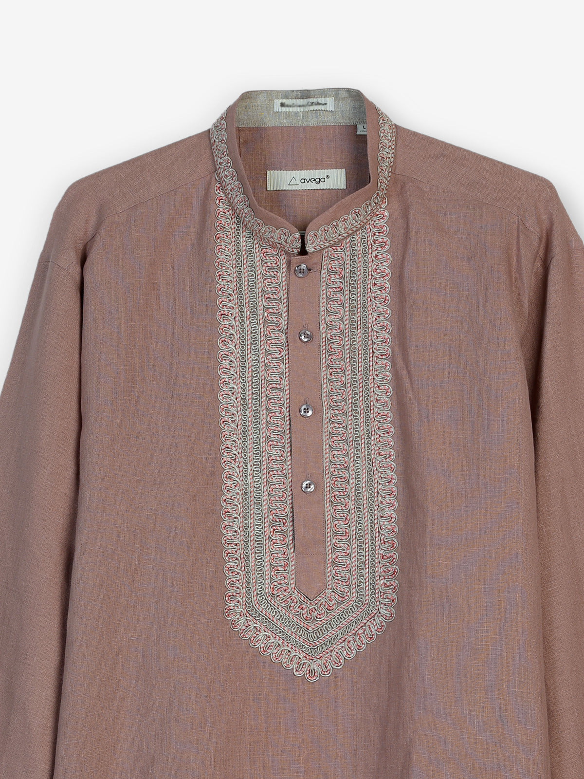 Dusty peach cotton linen mens short kurta with threadwork
