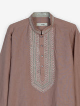 Dusty peach cotton linen mens short kurta with threadwork