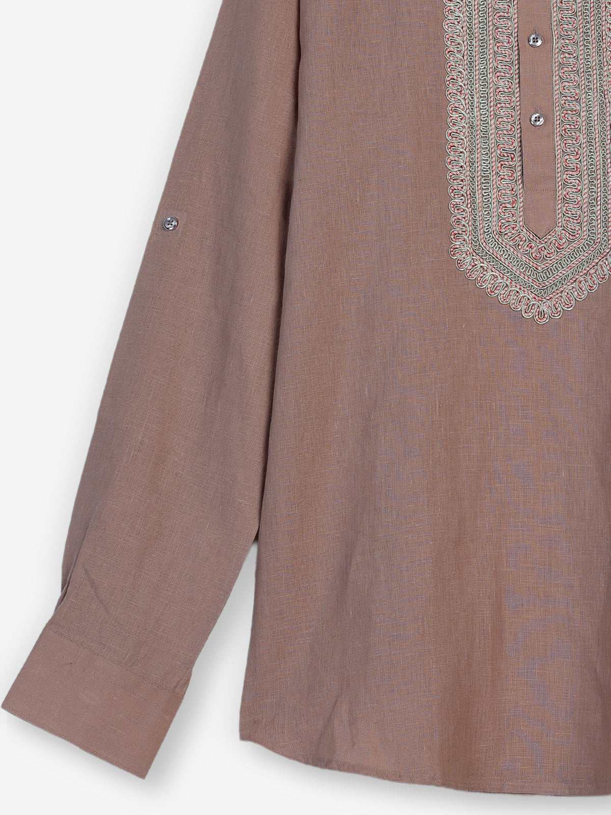 Dusty peach cotton linen mens short kurta with threadwork