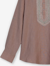 Dusty peach cotton linen mens short kurta with threadwork