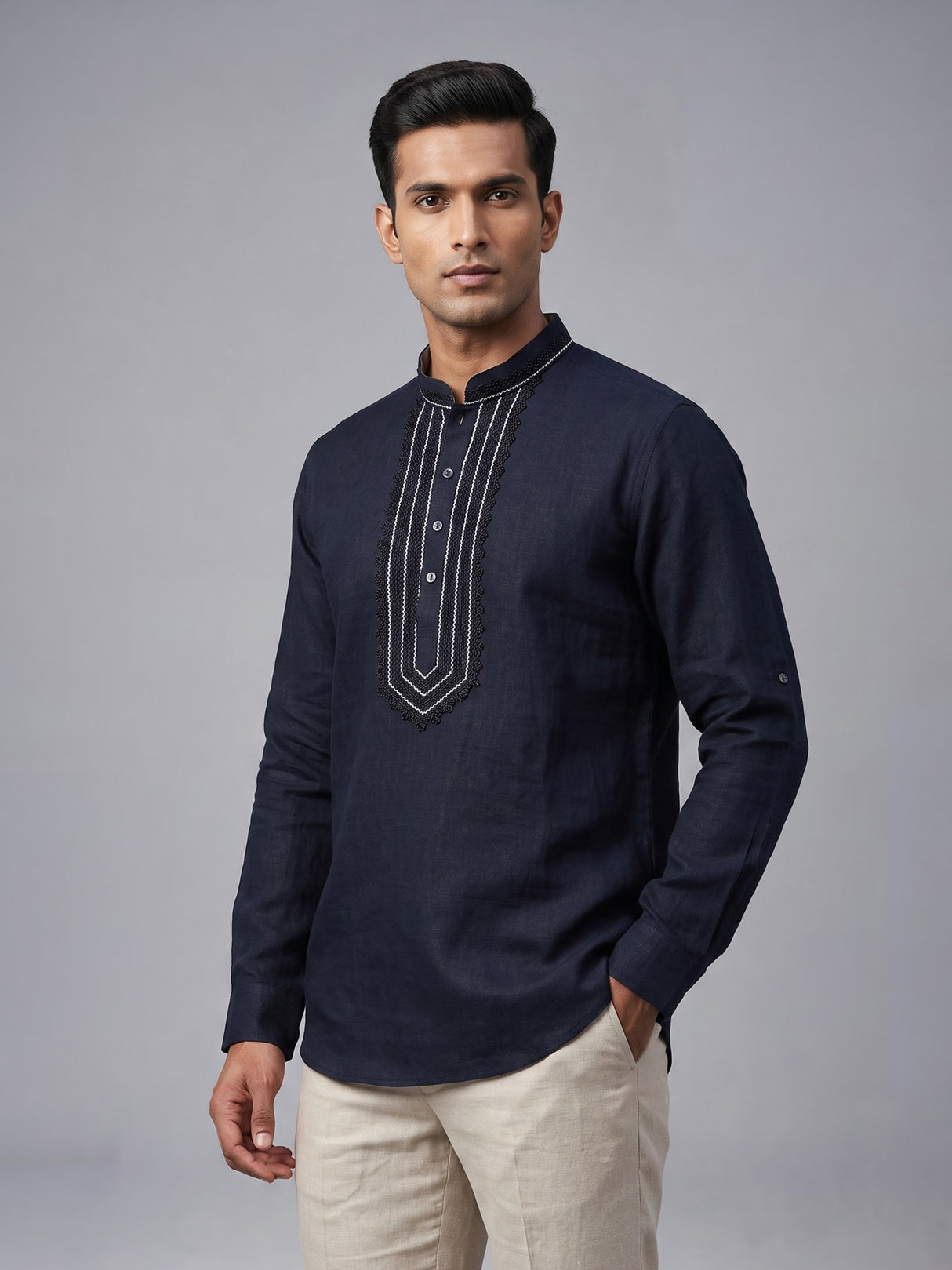 Navy cotton linen mens short kurta with threadwork