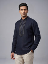 Navy cotton linen mens short kurta with threadwork