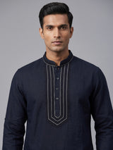 Navy cotton linen mens short kurta with threadwork