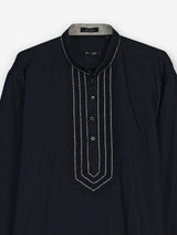 Navy cotton linen mens short kurta with threadwork