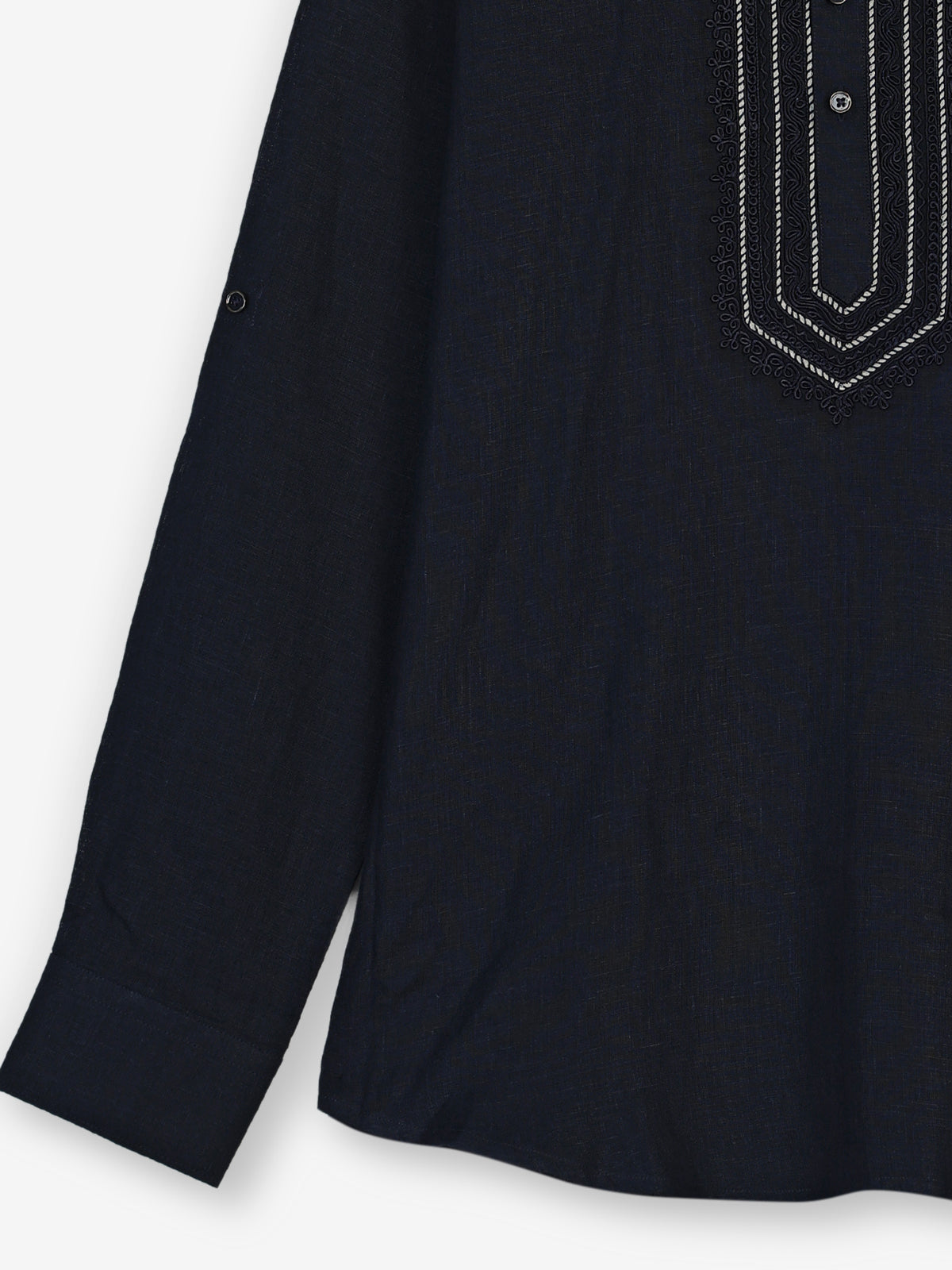 Navy cotton linen mens short kurta with threadwork
