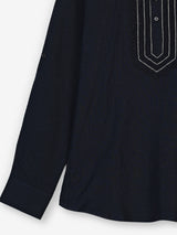 Navy cotton linen mens short kurta with threadwork