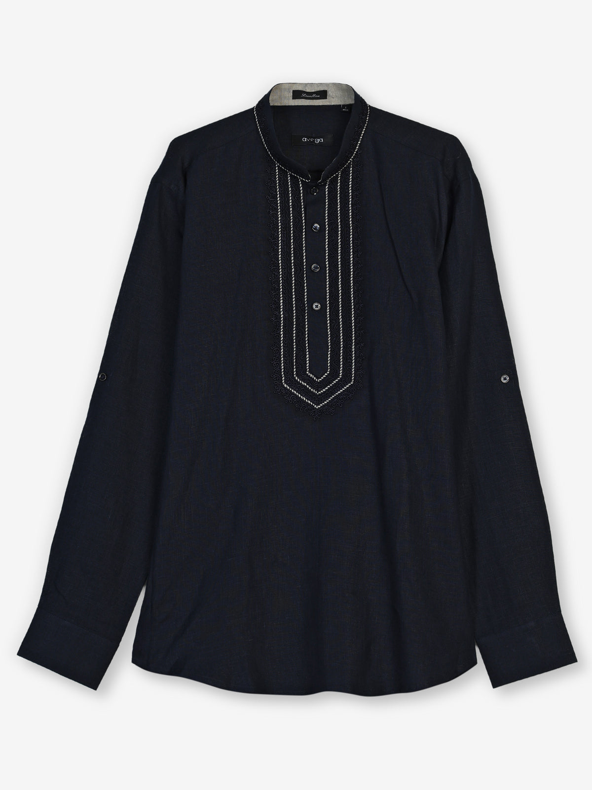 Navy cotton linen mens short kurta with threadwork