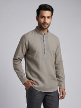 Beige cotton linen mens short kurta with elegant threadwork