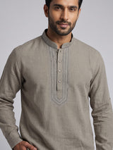 Beige cotton linen mens short kurta with elegant threadwork