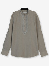 Beige cotton linen mens short kurta with elegant threadwork