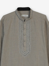 Beige cotton linen mens short kurta with elegant threadwork