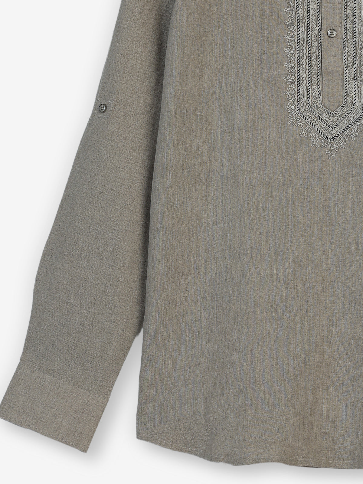 Beige cotton linen mens short kurta with elegant threadwork