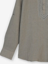 Beige cotton linen mens short kurta with elegant threadwork