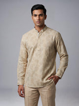 Beige cotton jacquard mens short kurta with floral threadwork