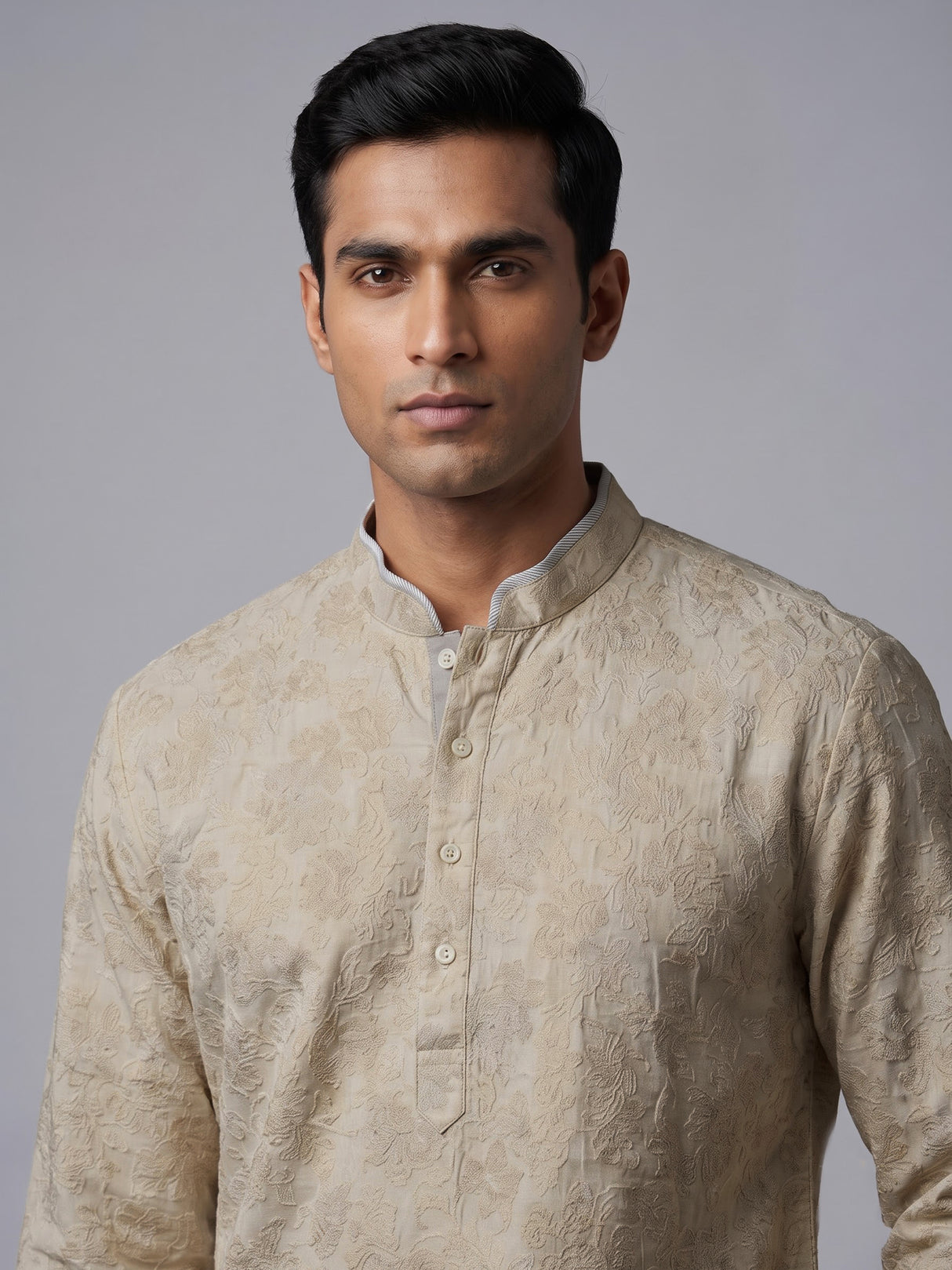 Beige cotton jacquard mens short kurta with floral threadwork