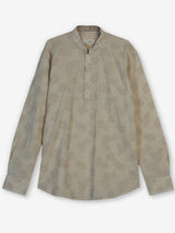 Beige cotton jacquard mens short kurta with floral threadwork