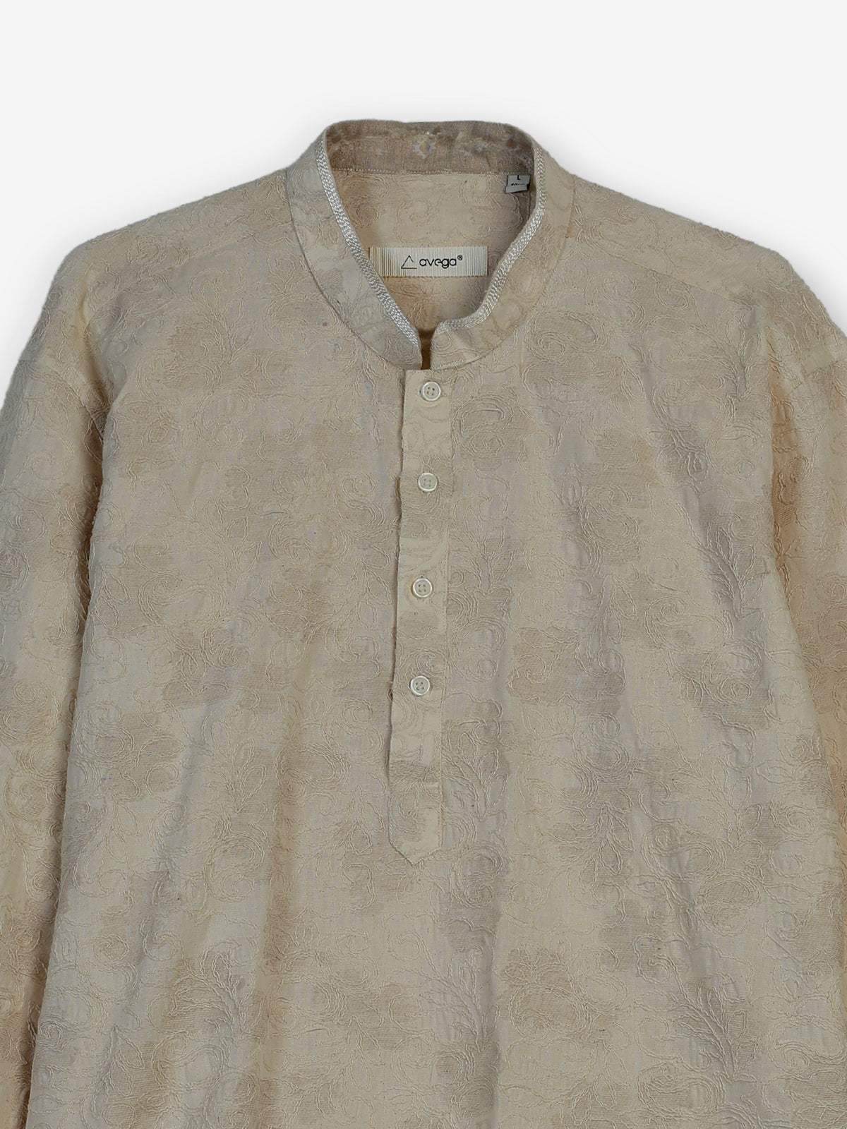Beige cotton jacquard mens short kurta with floral threadwork