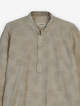 Beige cotton jacquard mens short kurta with floral threadwork