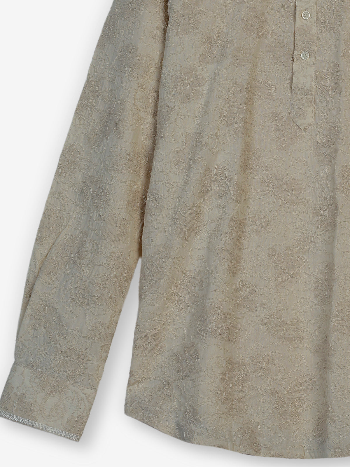 Beige cotton jacquard mens short kurta with floral threadwork