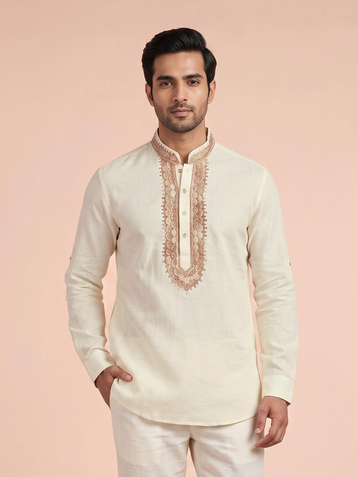 Cream kashmiri paisley kurta for men