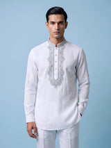 White threadwork short kurta for men