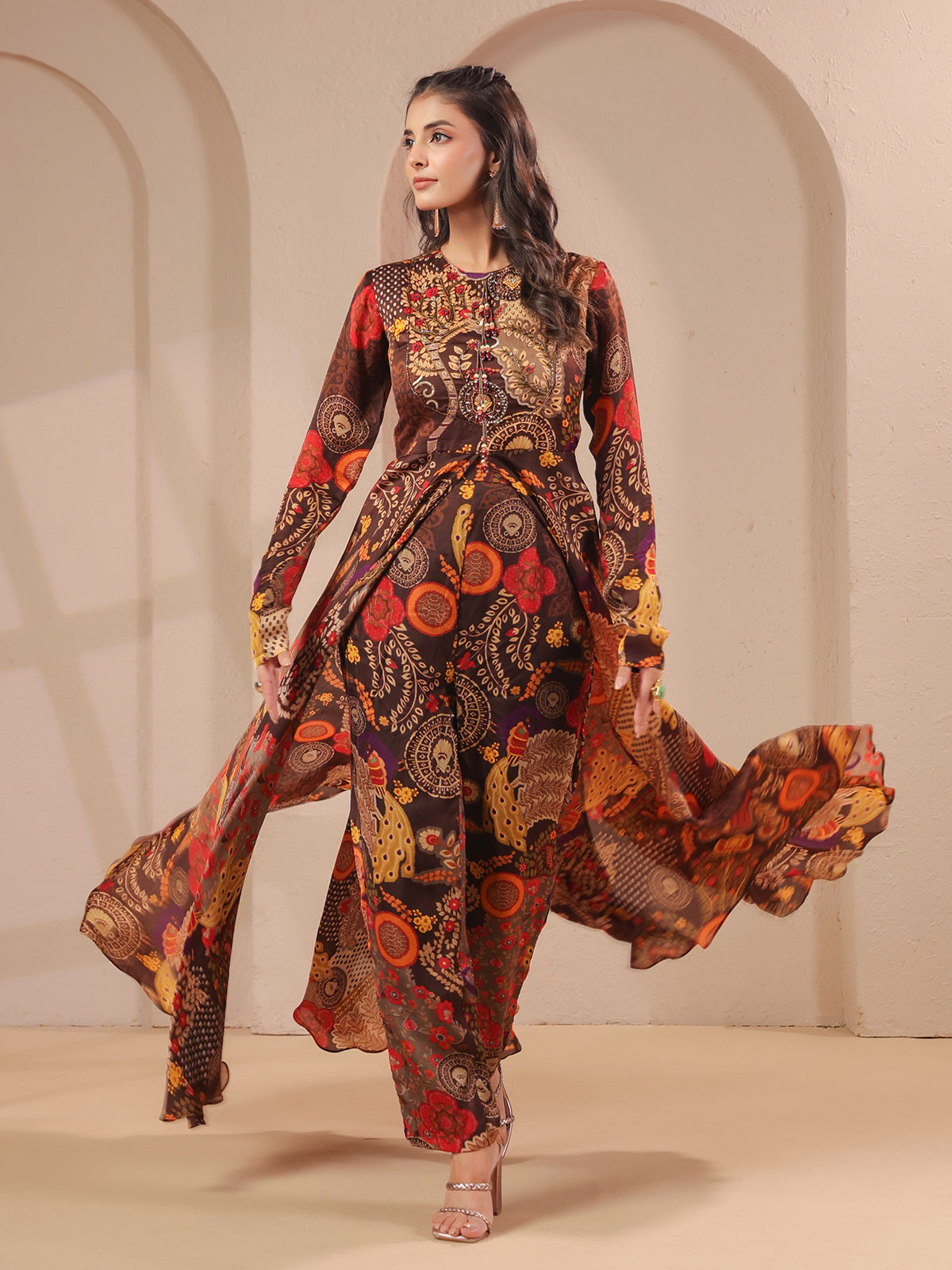 Brown printed embellished top with straight pants salwar set