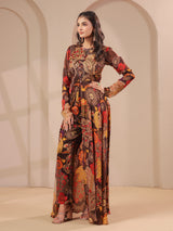 Brown printed embellished top with straight pants salwar set
